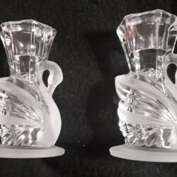 Pair of Lead Crystal Glass Swan Candle Holders