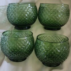 Set of 4 Empoli Made in Italy Green Diamond Point Cut Glass Cordial Shot Glasses