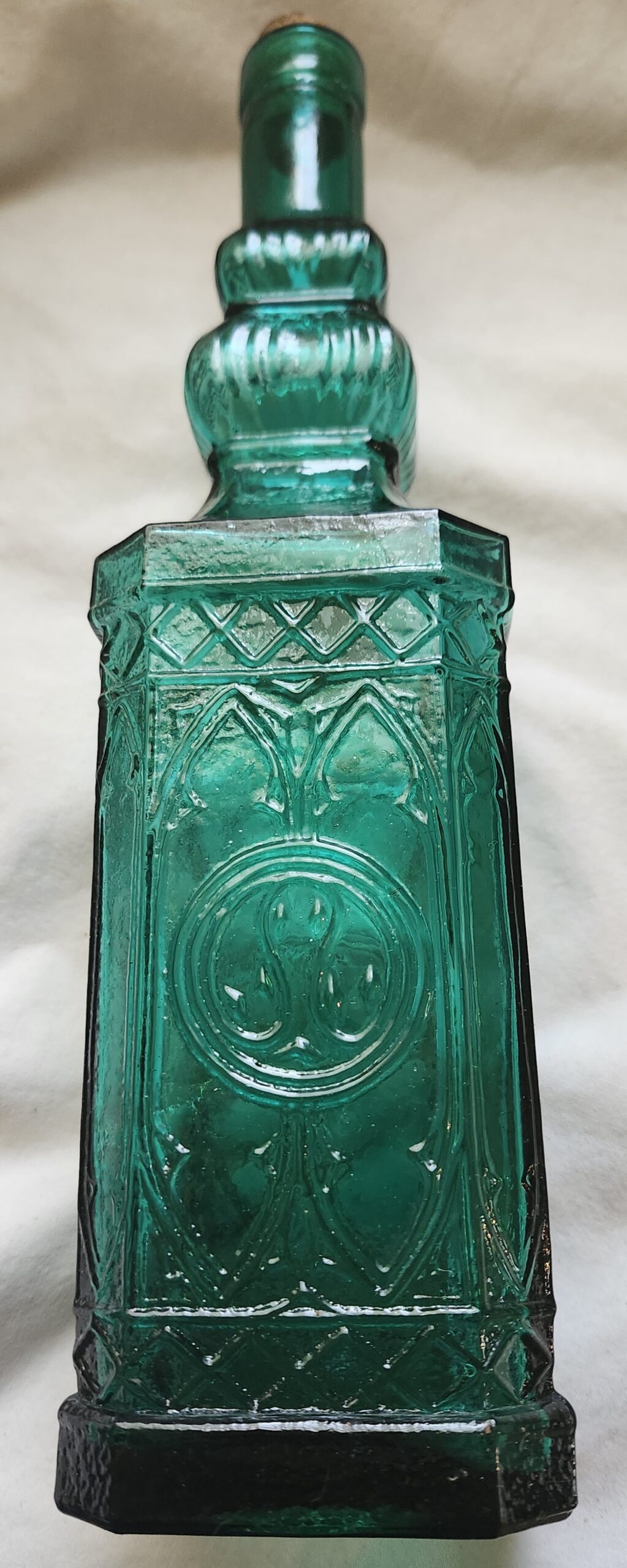 Empty Teal Green Glass Bottle/Decanter With Cork